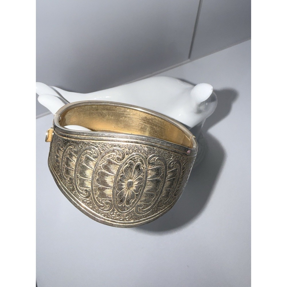 Vintage Boho Mixed Metal Wide Cuff Bracelet Brass Silver Tone Etched Detailed